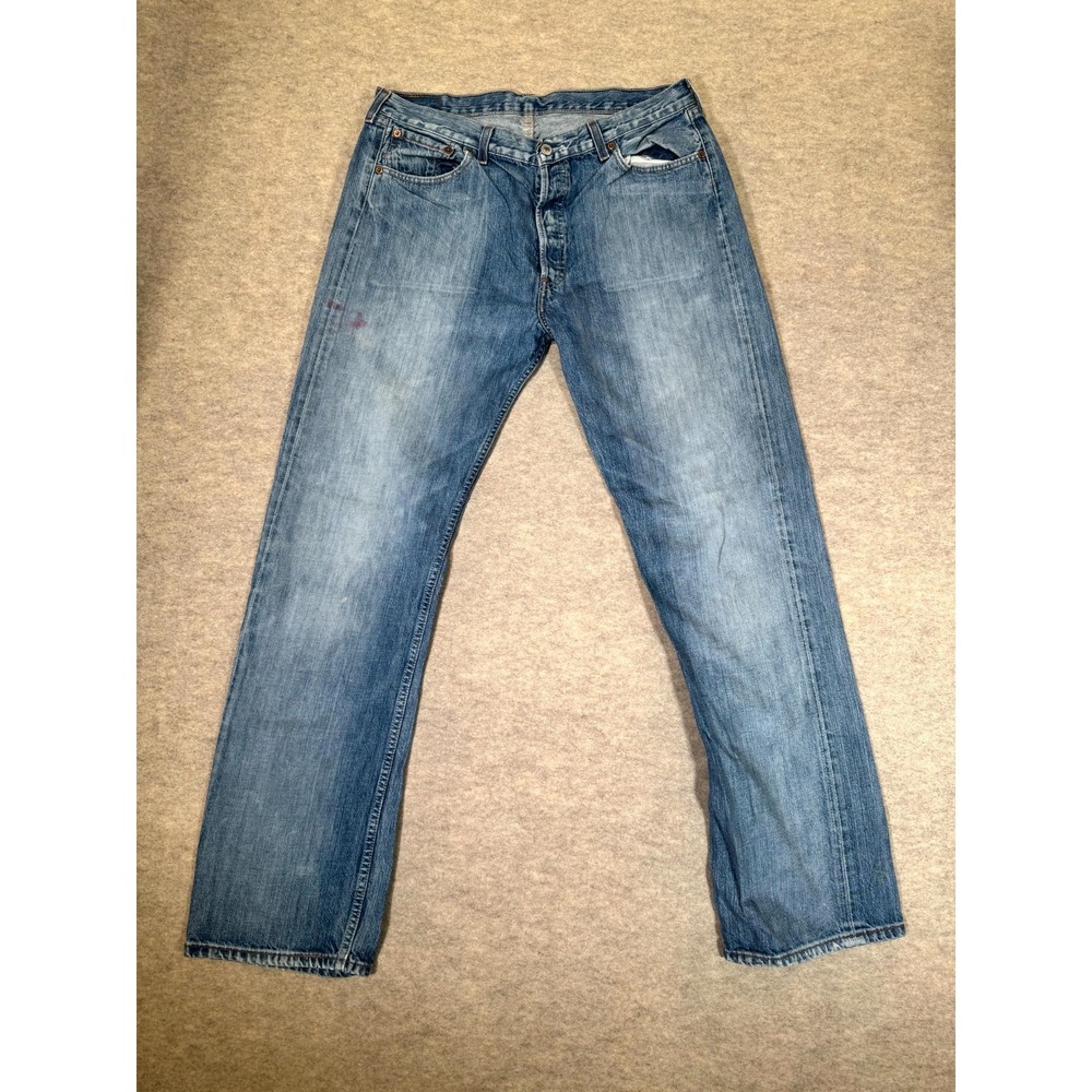 Levis 501 Jeans Mens 36x34 Blue Denim Cotton Mid Rise Button Fly Straight Leg